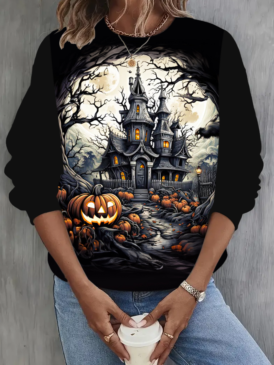 Halloween Haunted House Printed Long Sleeve Casual Top