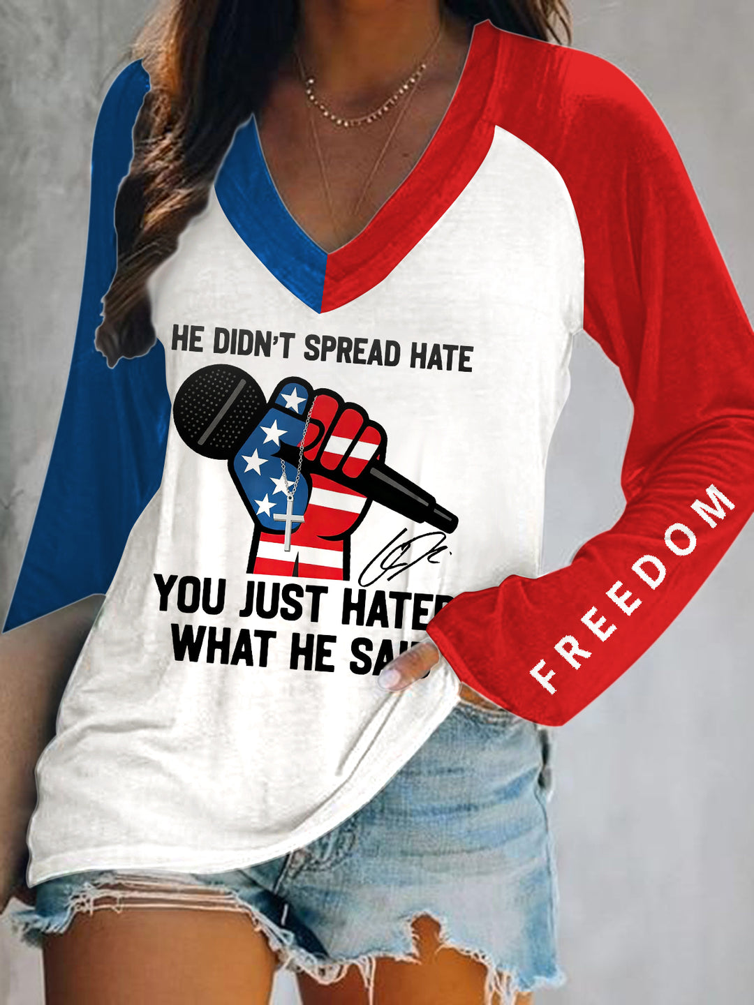 In Memory of Charlie Kirk Print V-Neck Long Sleeve Top