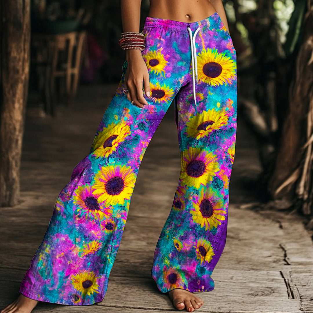 Psychedelic Color Sunflower Art Women's Drawstring Wide-Leg Pants
