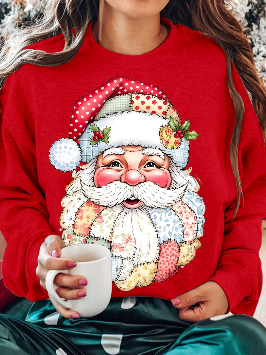 Patchwork Santa Claus Printed Long Sleeve Casual Top