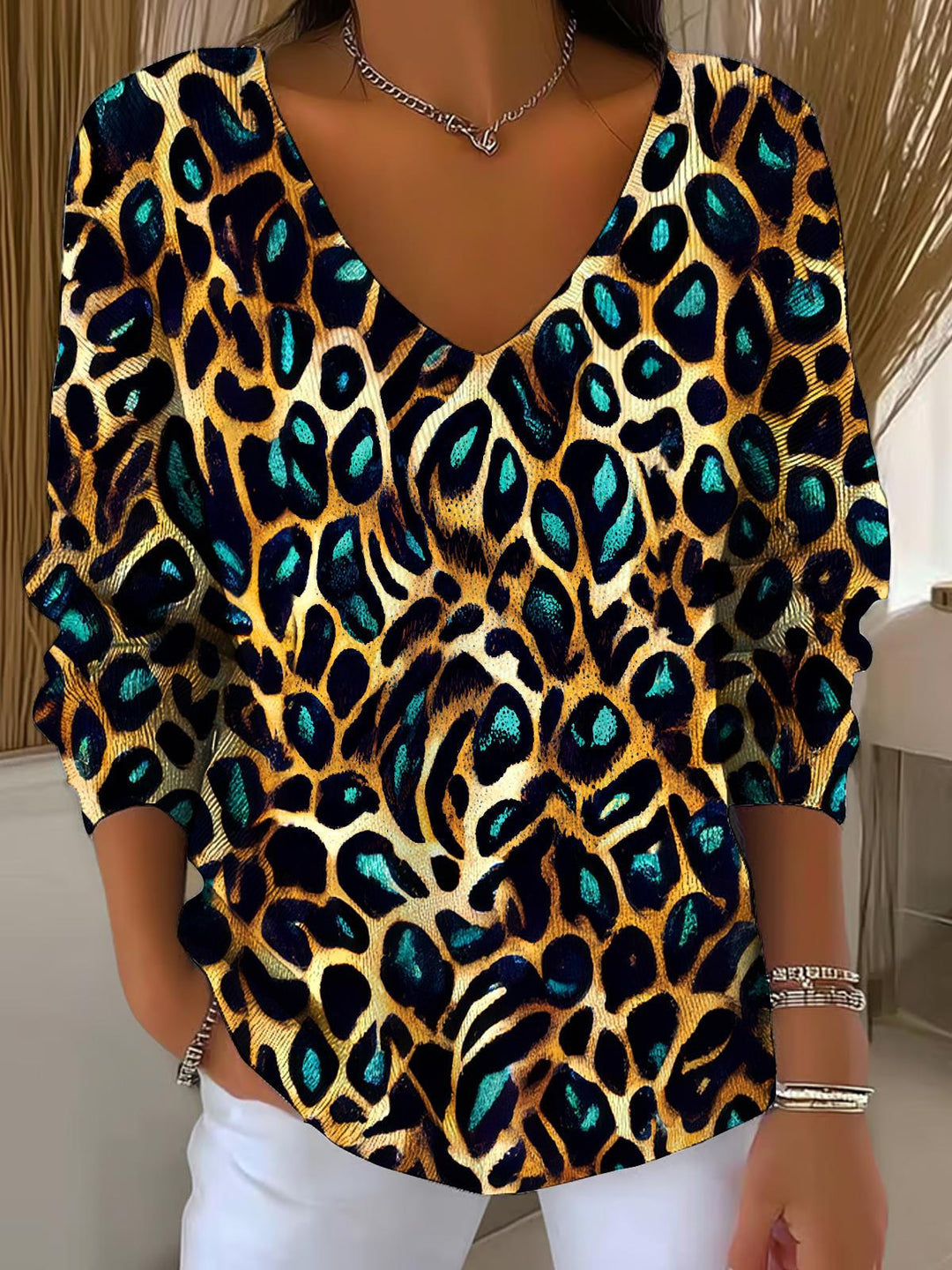 Autumn Leopard Print Casual V Neck Pullover Sweater