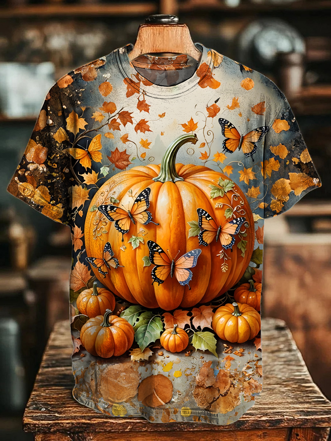 Fall Butterfly Pumpkin Art Crew Neck T-shirt