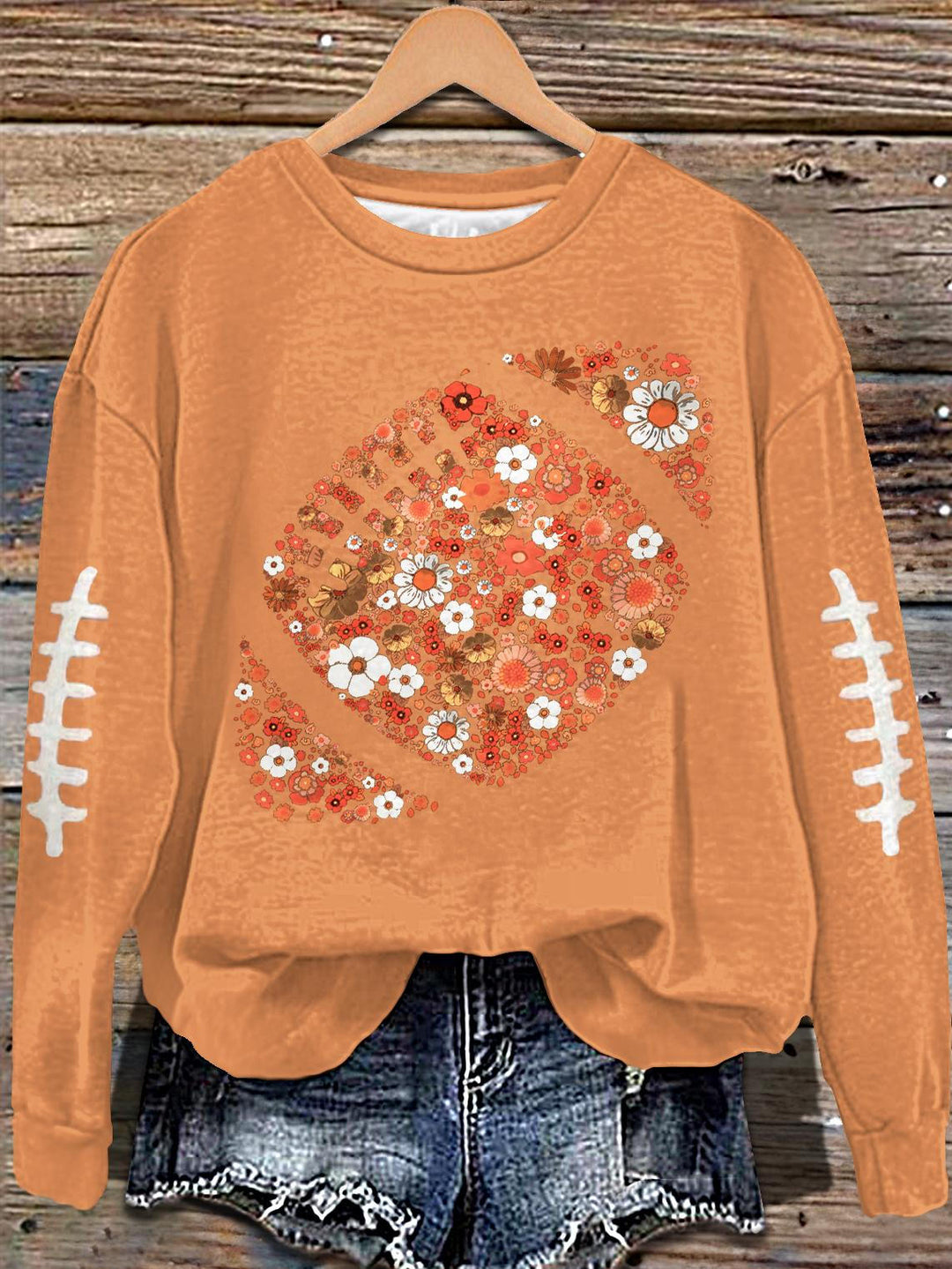 Fall Football Floral Print Long Sleeve Casual Top