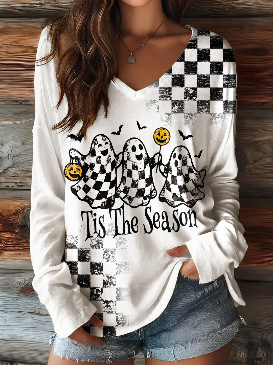 Autumn Checkerboard Halloween Ghost V-neck Long Sleeve Top