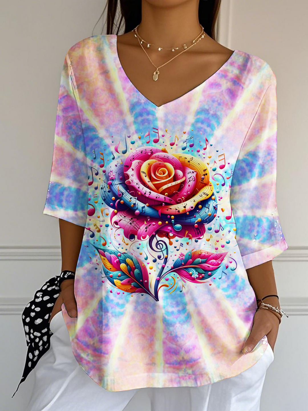 Gradient Tie-dye Hippie Music Rose Ladies Loose Short Sleeve T-shirt