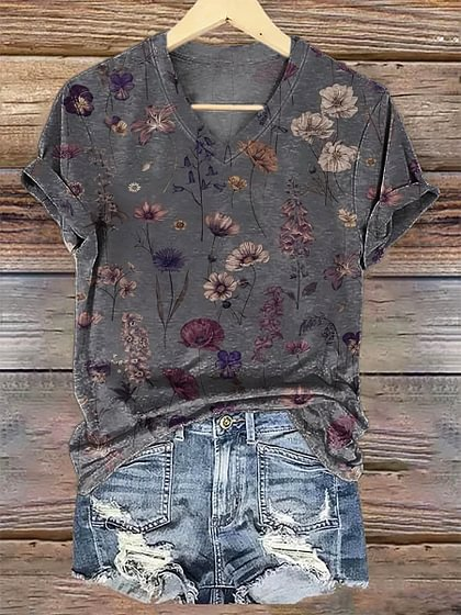 Vintage Bohemian Wildflowers Art V-neck T-Shirt