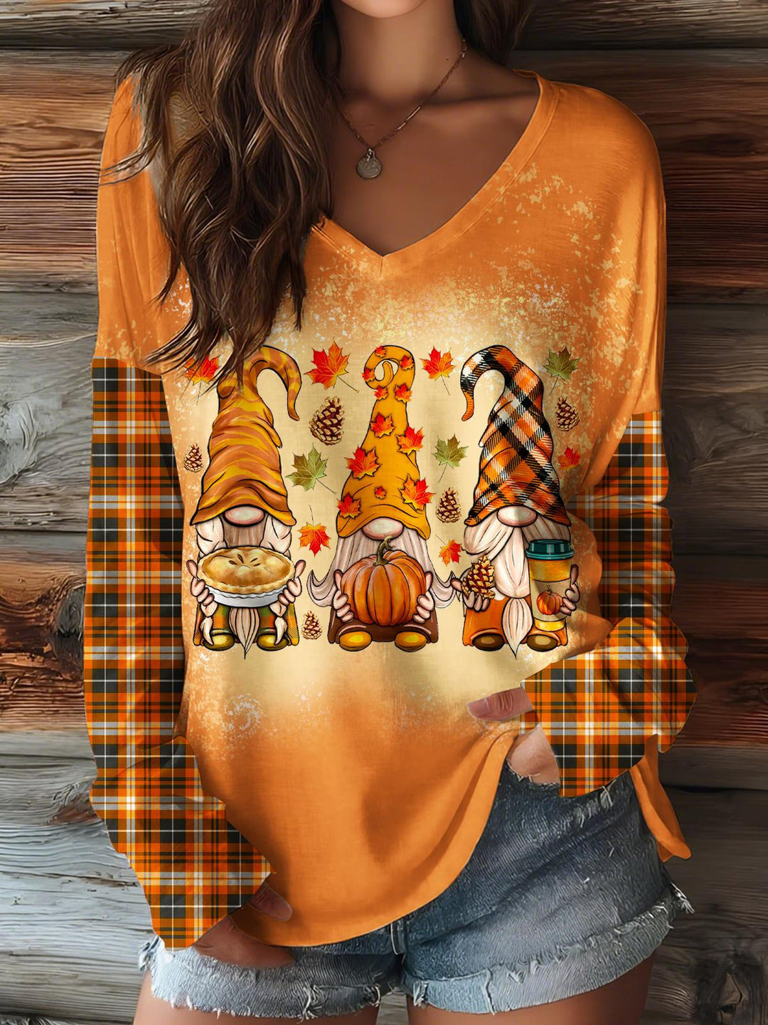 Autumn Gnome Print V-neck Long Sleeve Top
