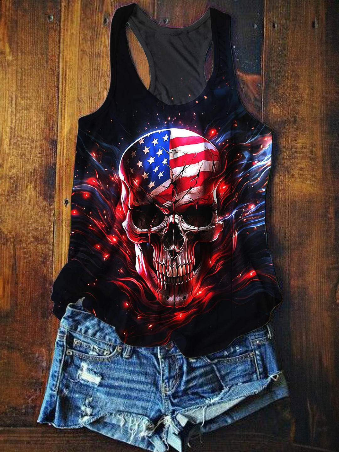 American Flag Skull Print Casual Tank Top