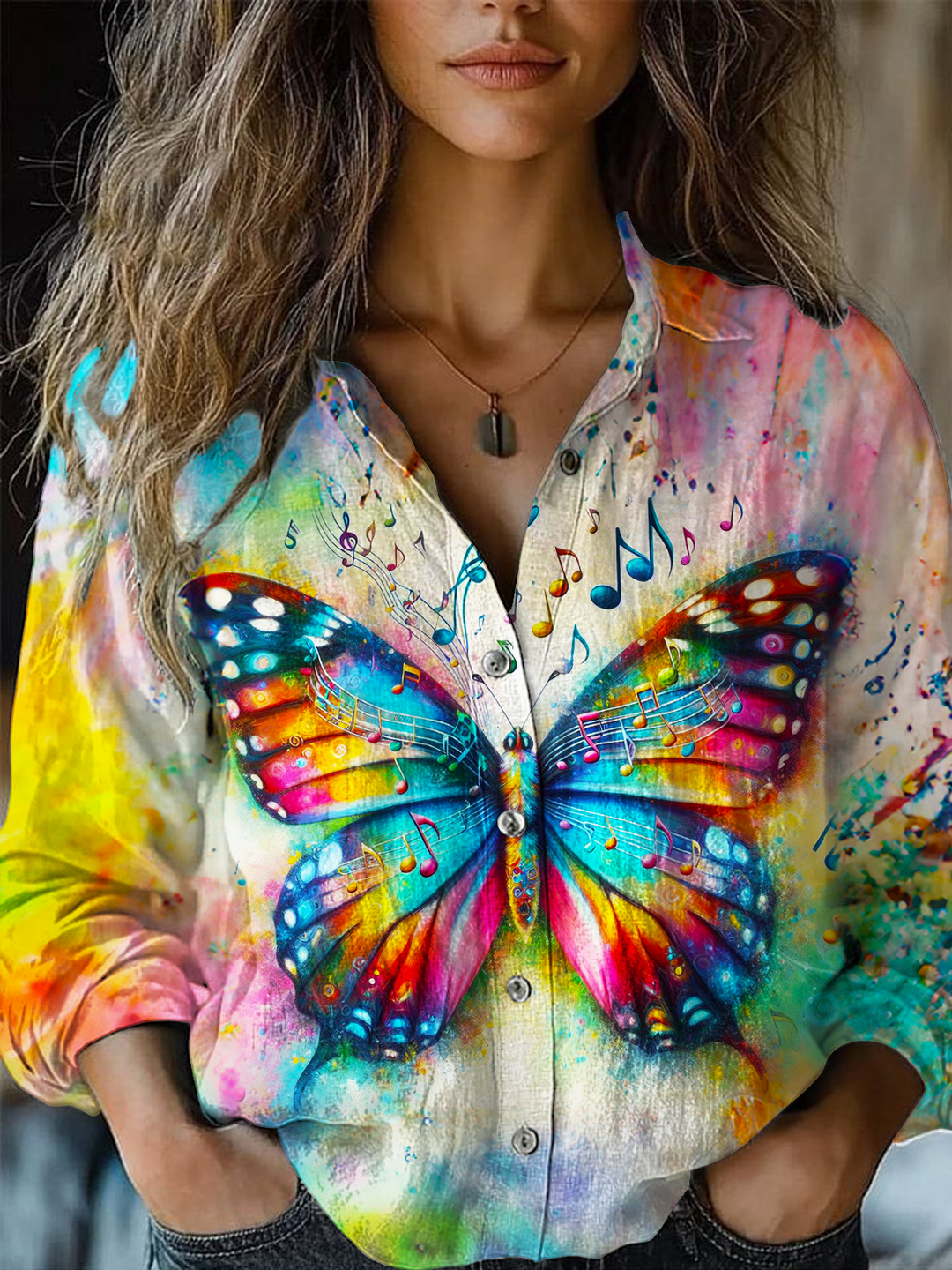 Colorful Hippie Nusic Butterfly Women's Printed Casual Shirt