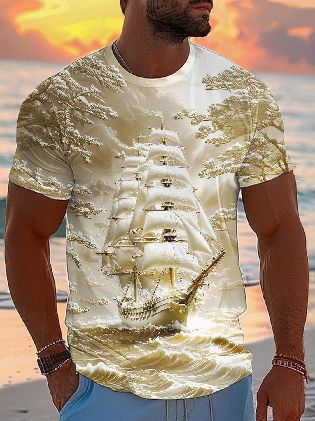 Relief Art Sailing Ship Round Neck Short Sleeve Men's T-shirt