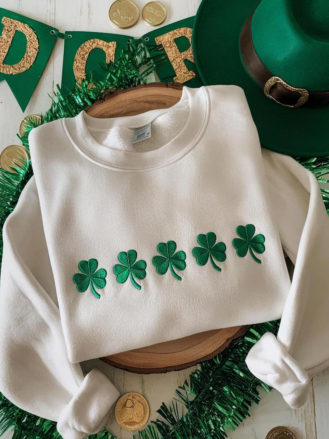 St. Patrick's Day Trefoil Faux Embroidered Printed Long Sleeve Casual Top