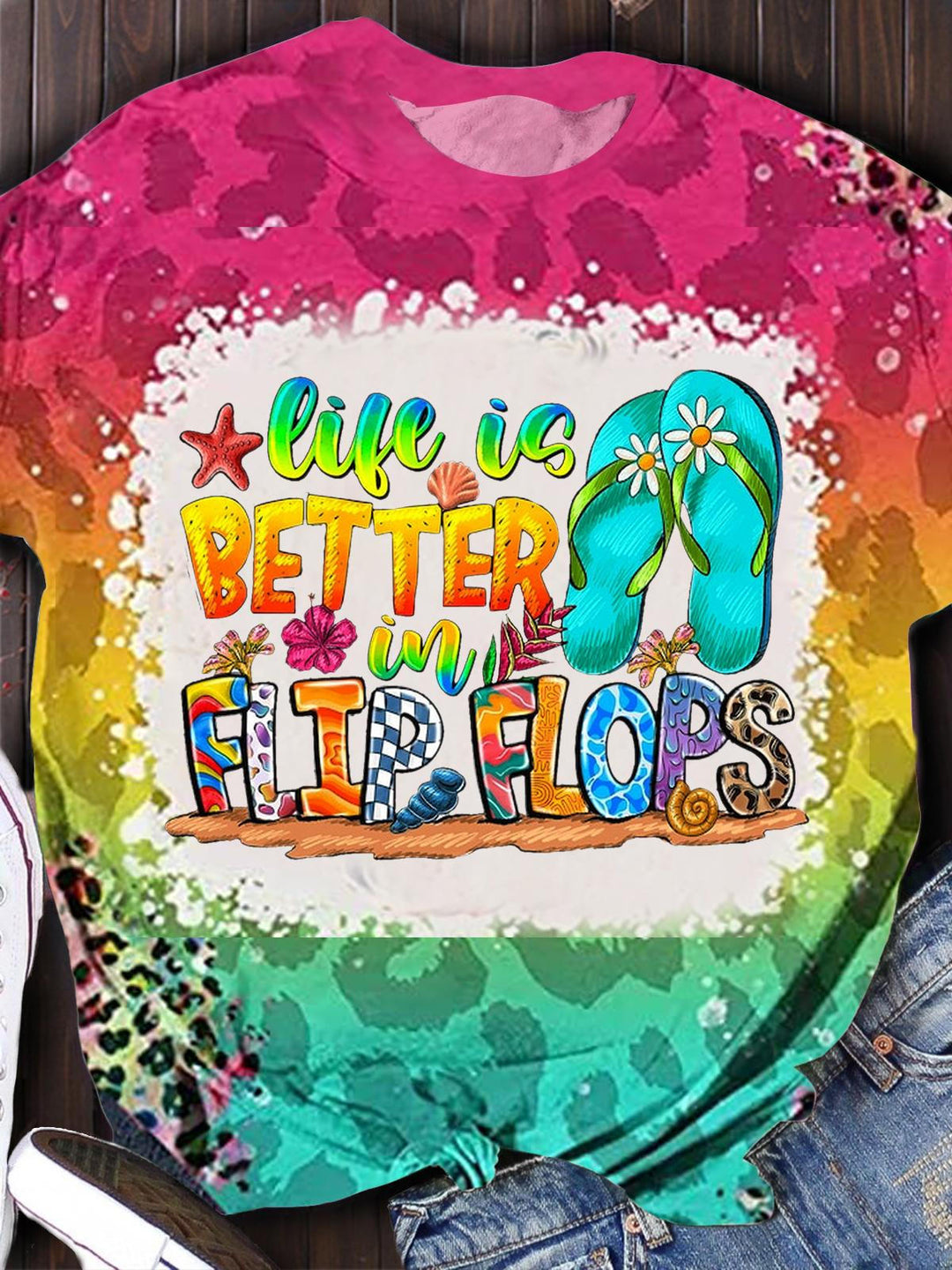 Life is Better in Flip Flops Print Crew Neck T-shirt