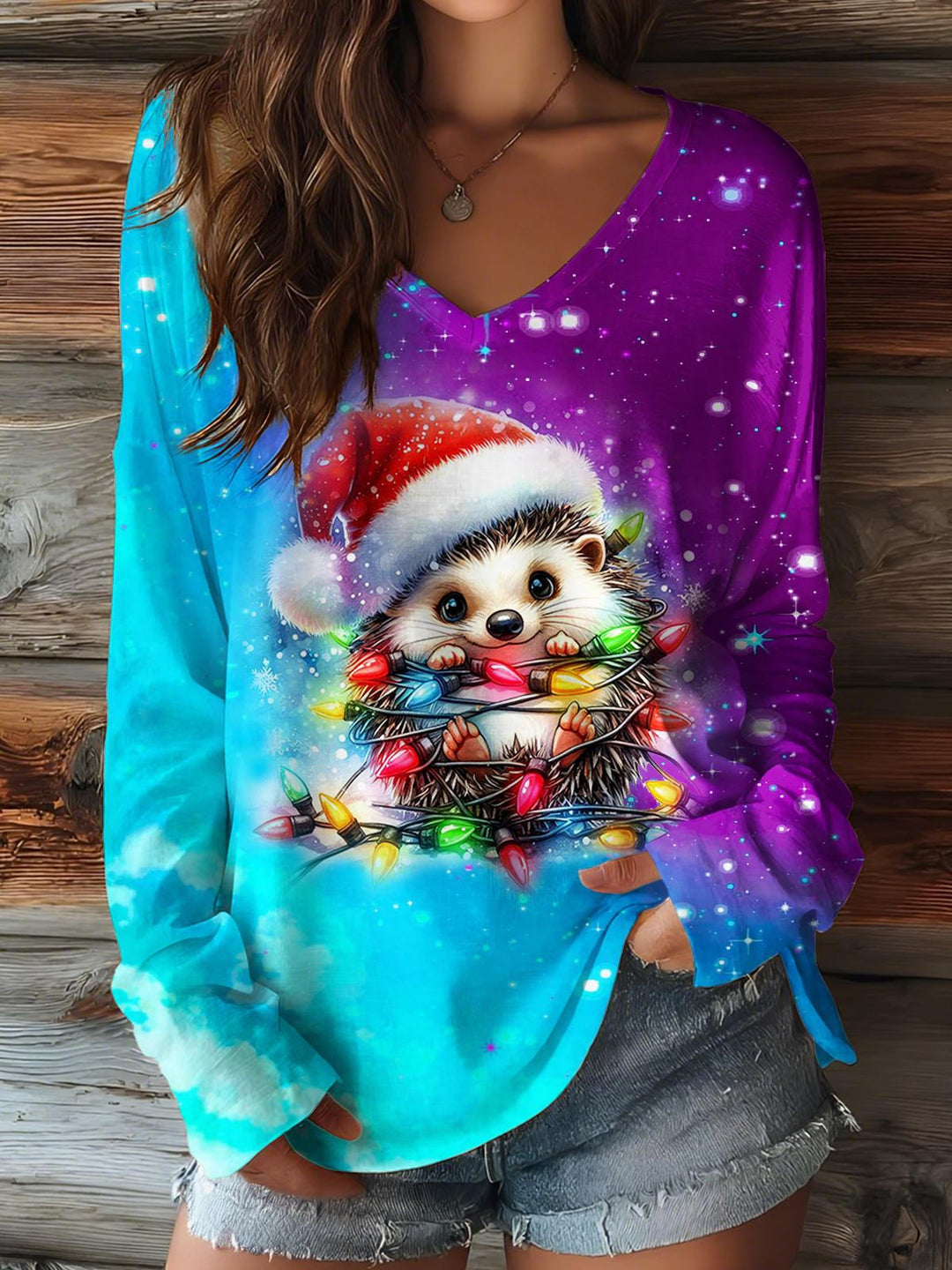 Christmas Hedgehog Print V-neck Long Sleeve Top