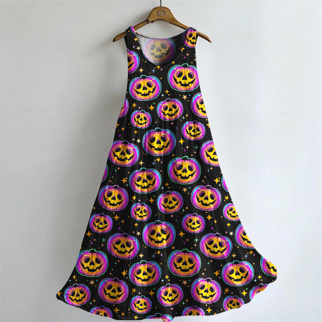Halloween Evil Pumpkin Print V-neck Bamboo Linen Sleeveless Dress