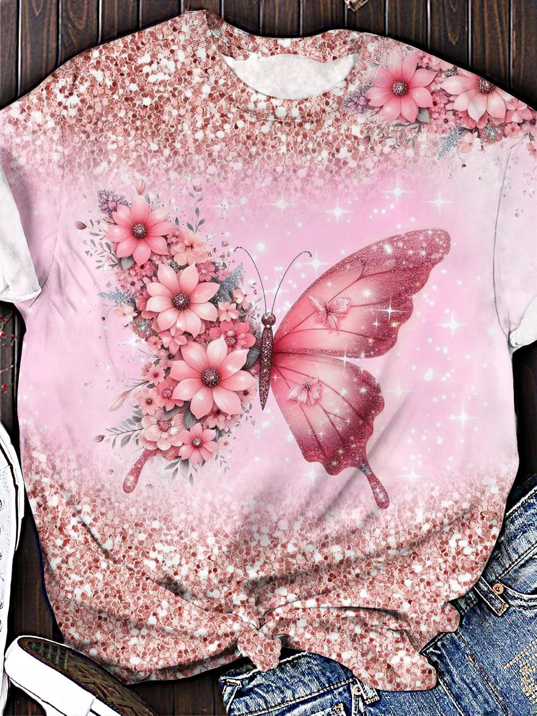 Sequin Butterfly Print Crew Neck T-shirt
