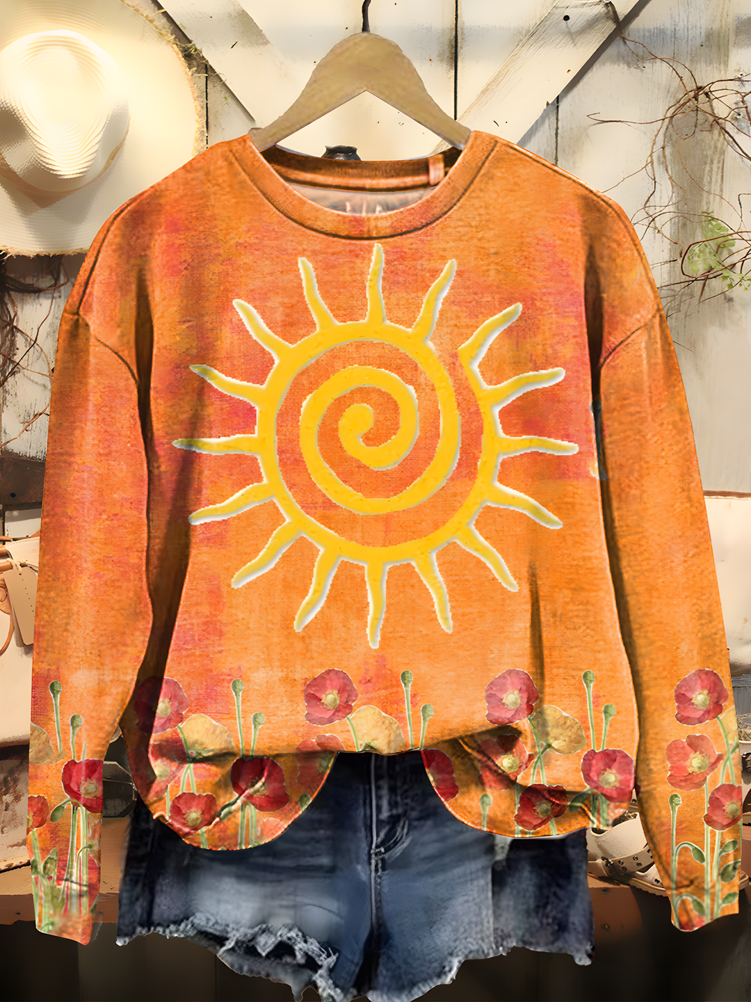 Hippie Sun Flower Printed Long Sleeve Casual Top