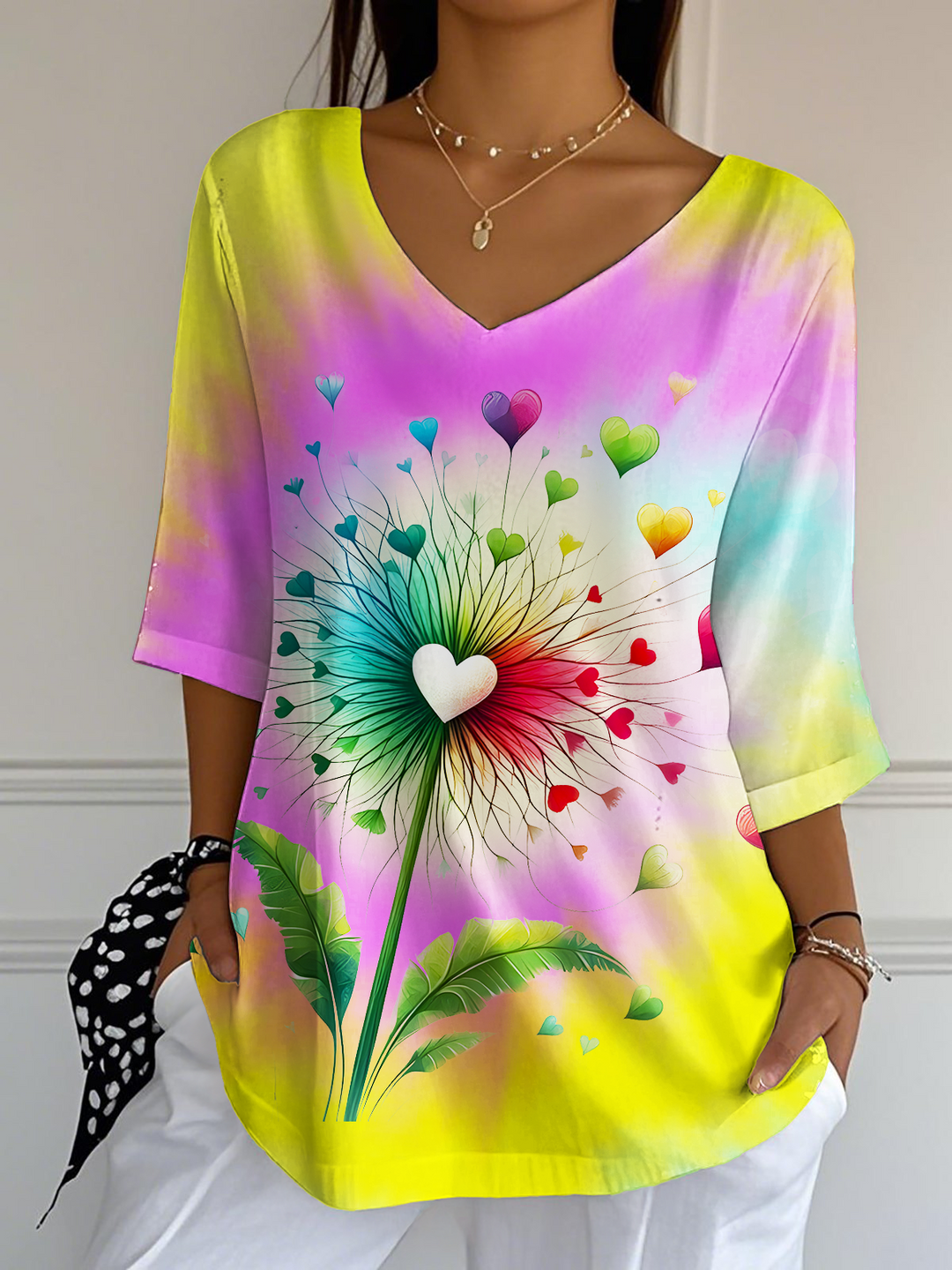 Colorful Tie-Dye Hippie Dandelion Love Ladies Loose Short Sleeve T-shirt