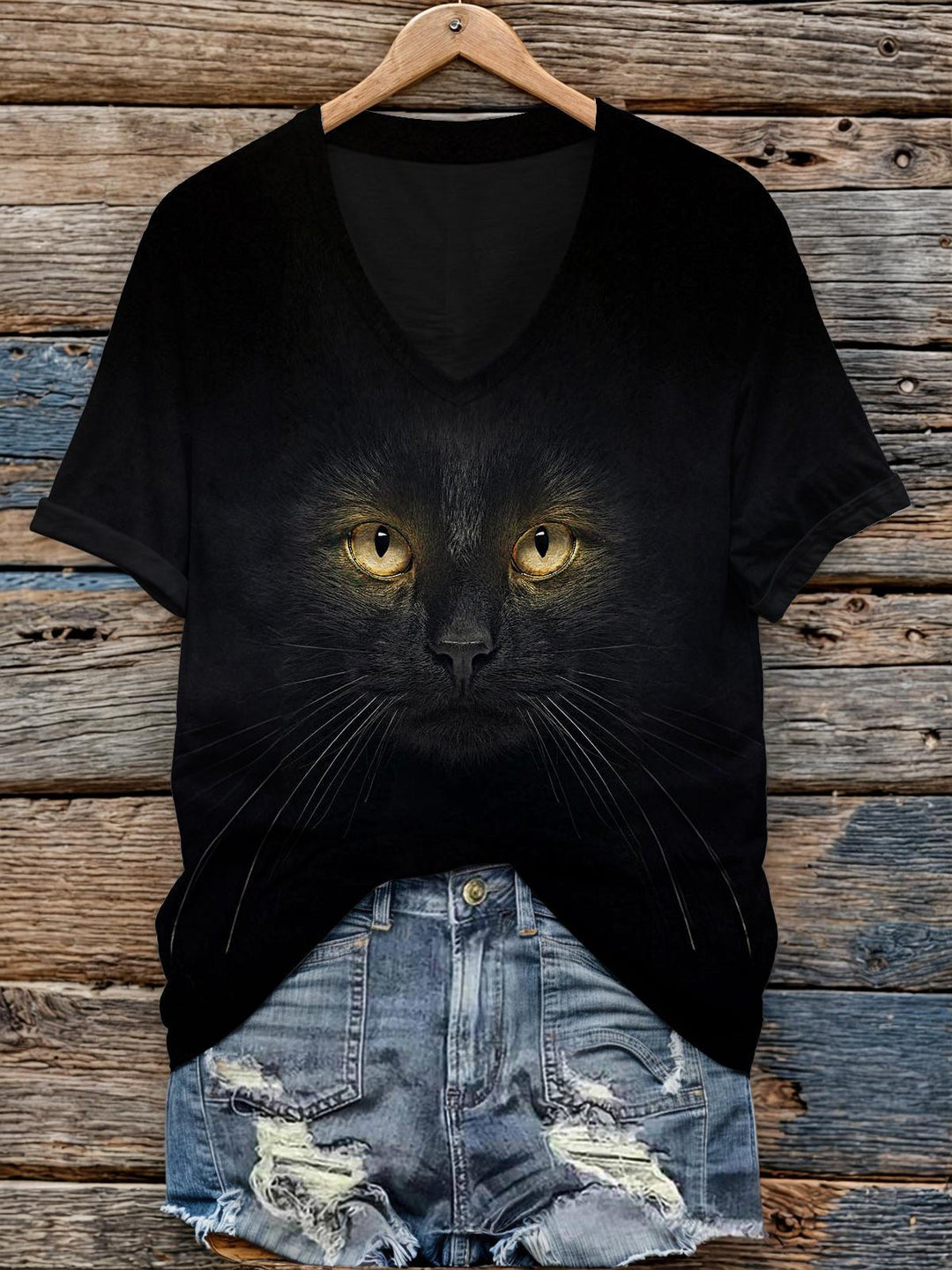 Women's Halloween Black Cat V-Neck Short Sleeve T-Shirt