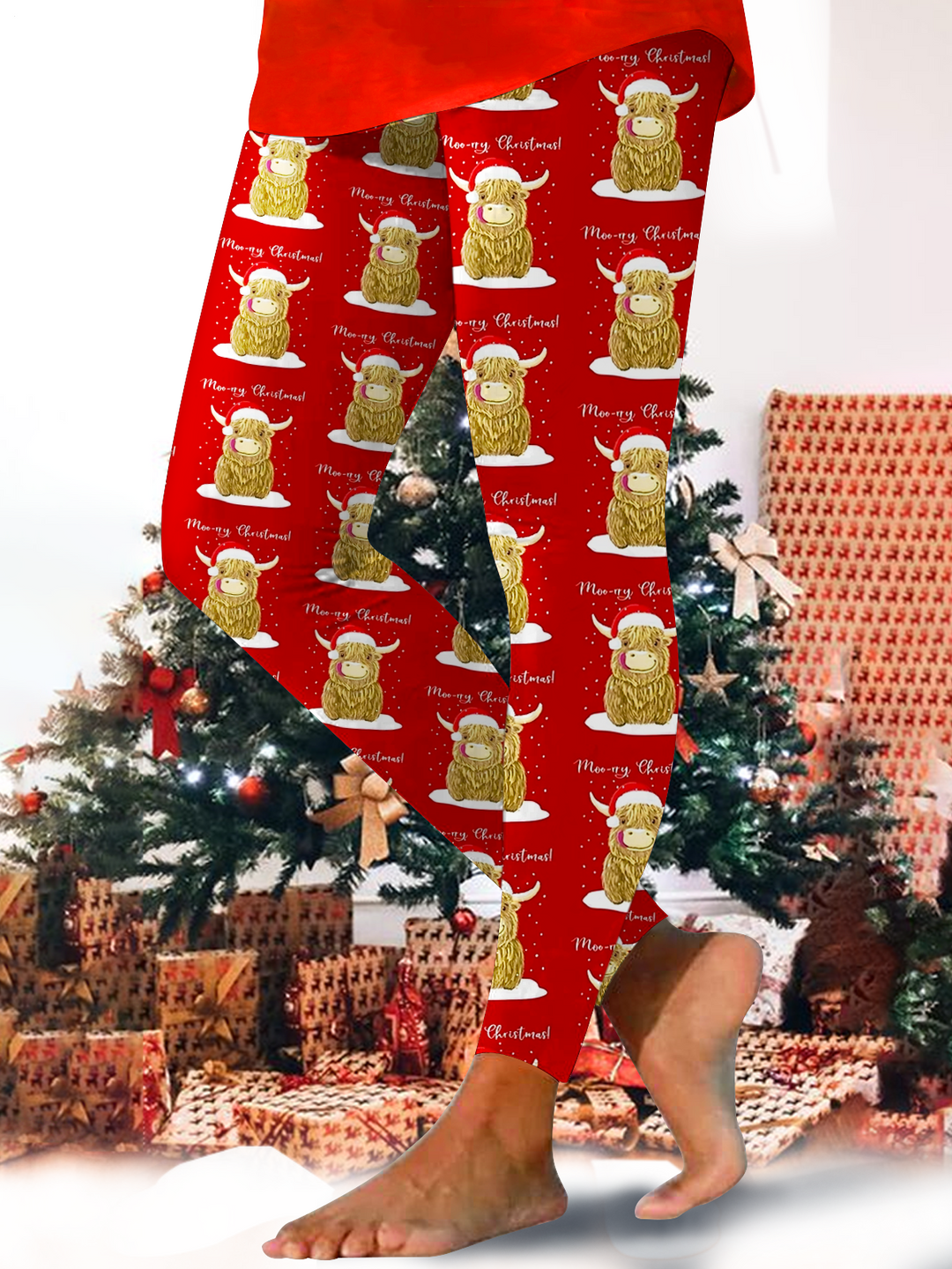 Scottish Highland Cow Merry Christmas Print Leggings