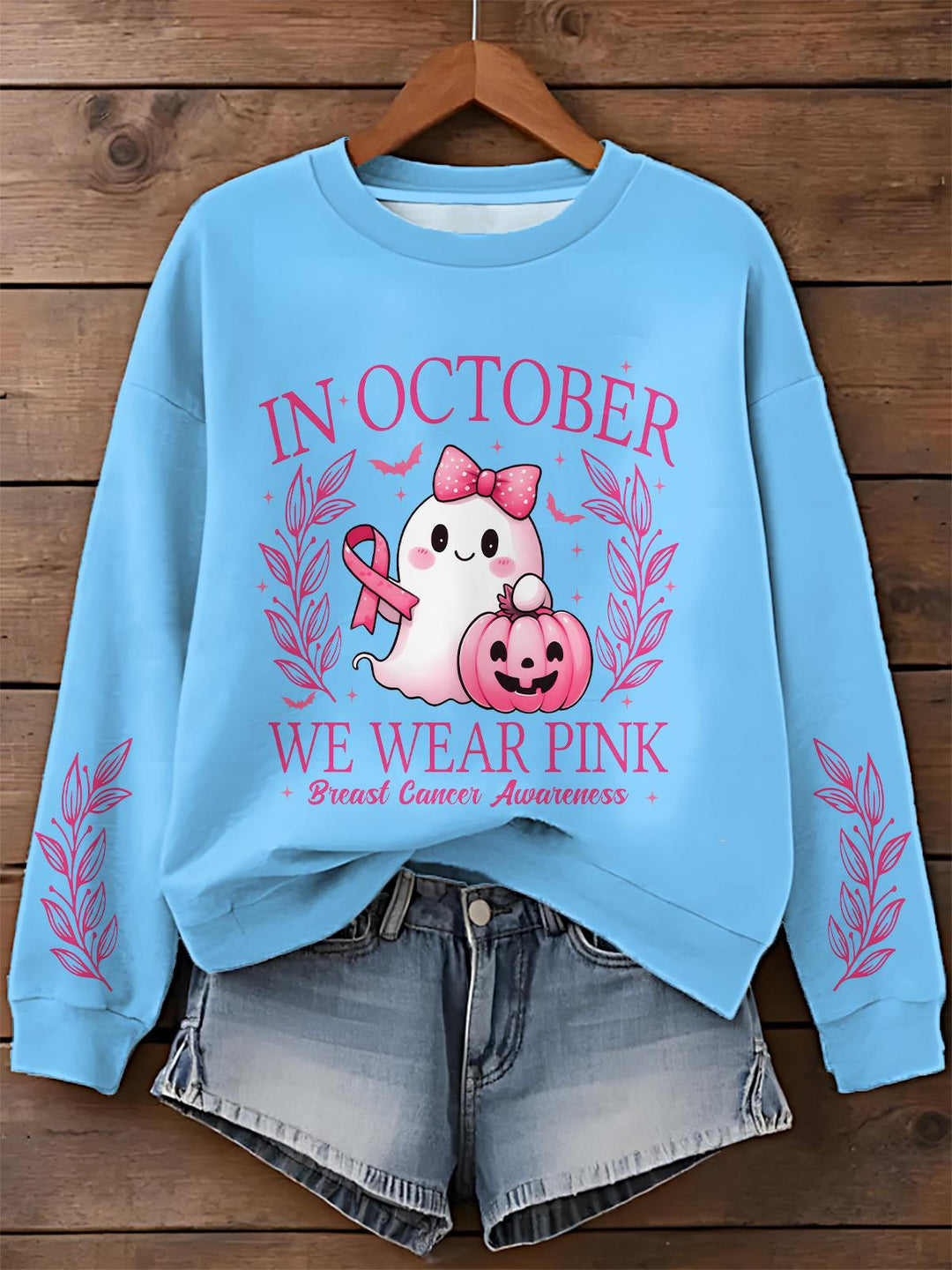 Breast Cancer Consciousness Ghost Print Long Sleeve Casual Top