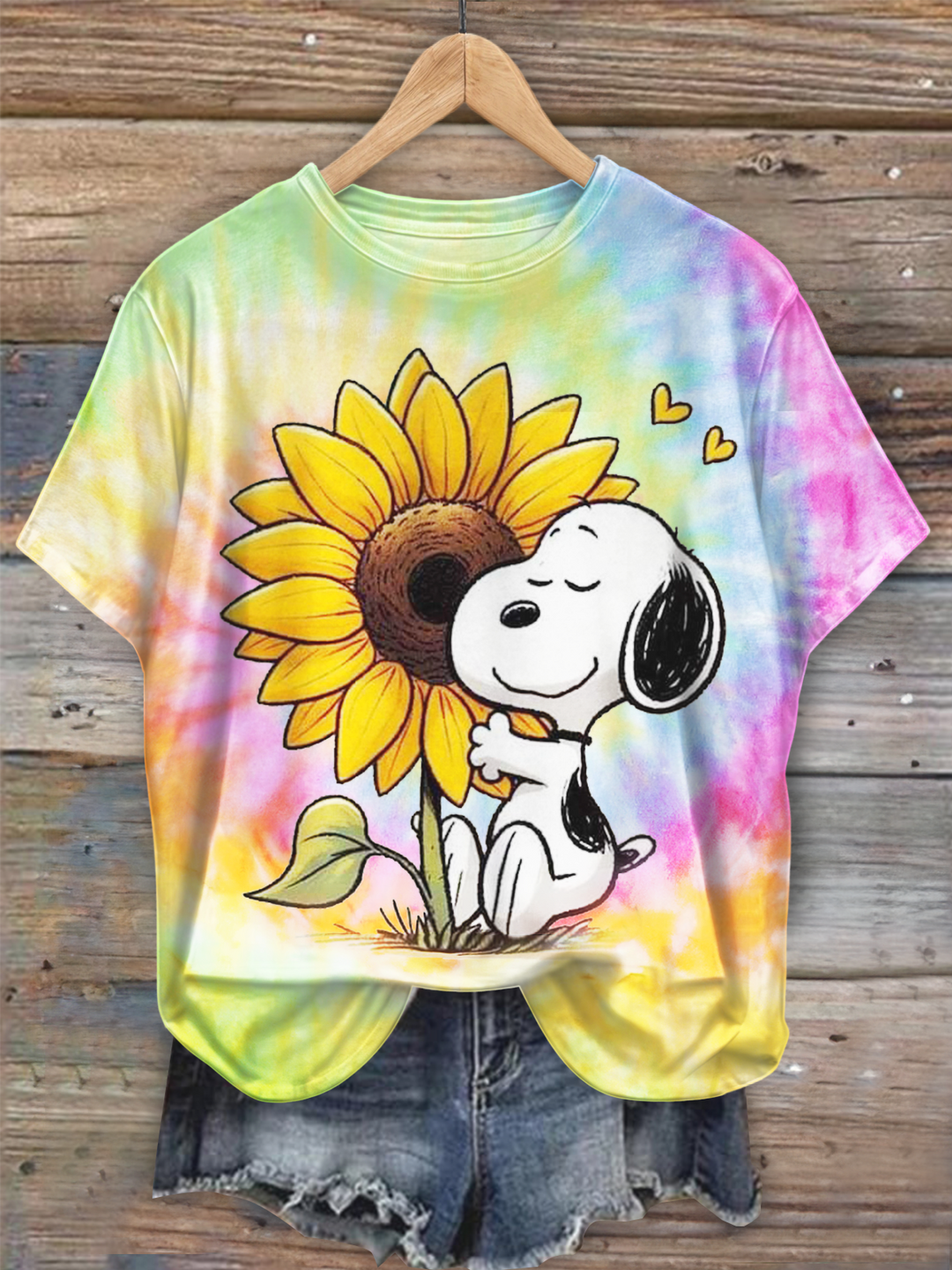 Fun Snoopy Sunflower Love Crew Neck T-shirt