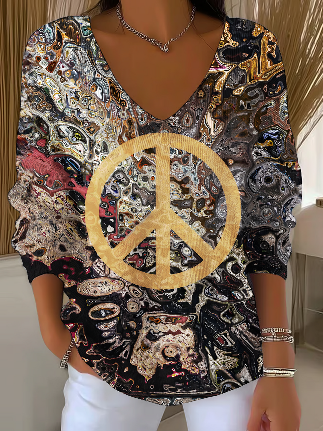 Woodstocked Casual V Neck Pullover Sweater