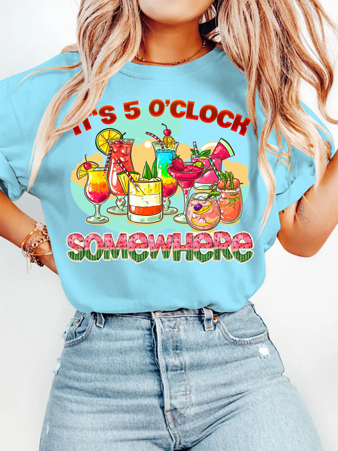 It's 5 O'Clock Somewhere Hawaiian Beach Vacation Crew Neck T-shirt