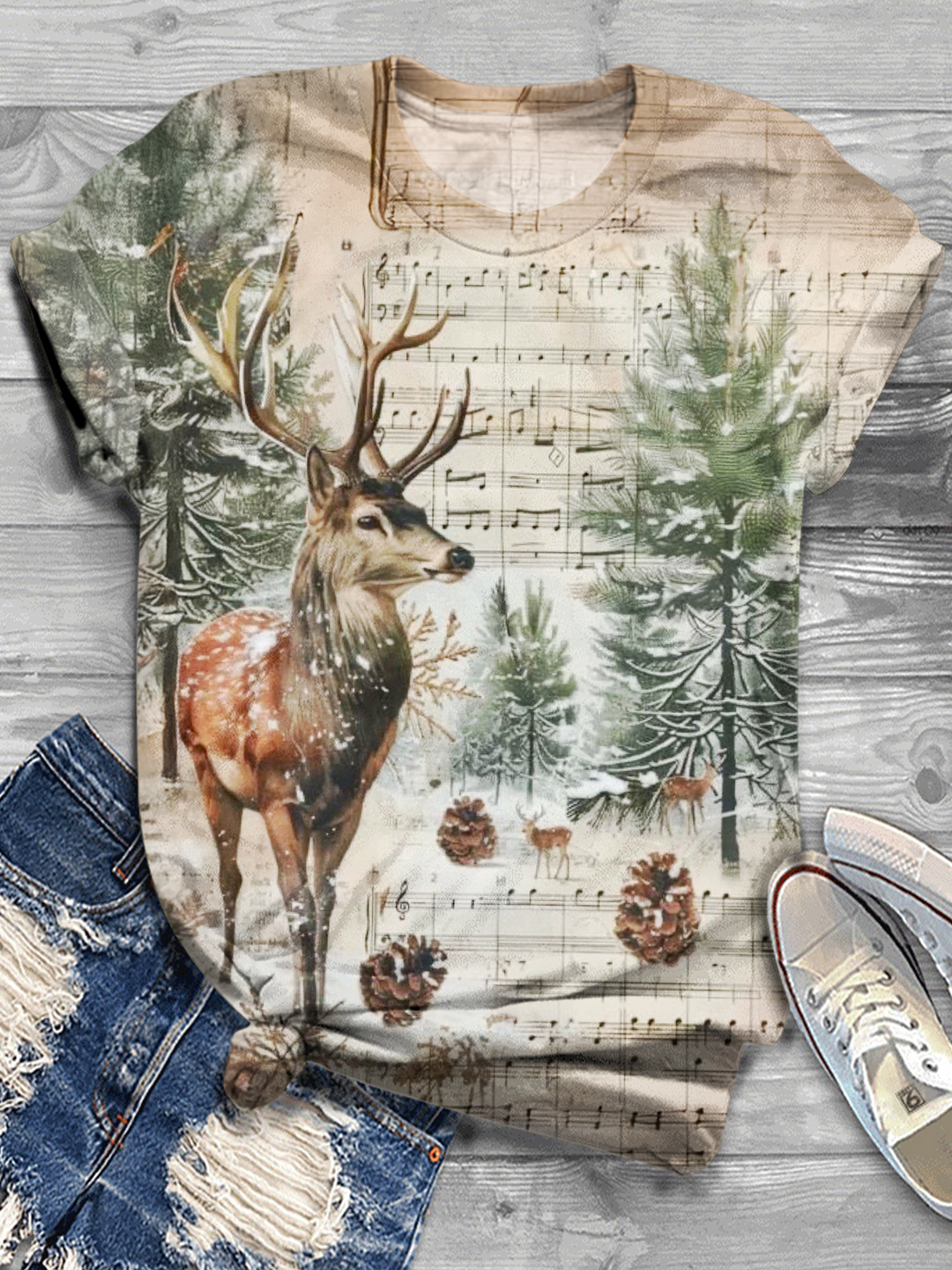 Retro Christmas Elk Crew Neck T-shirt