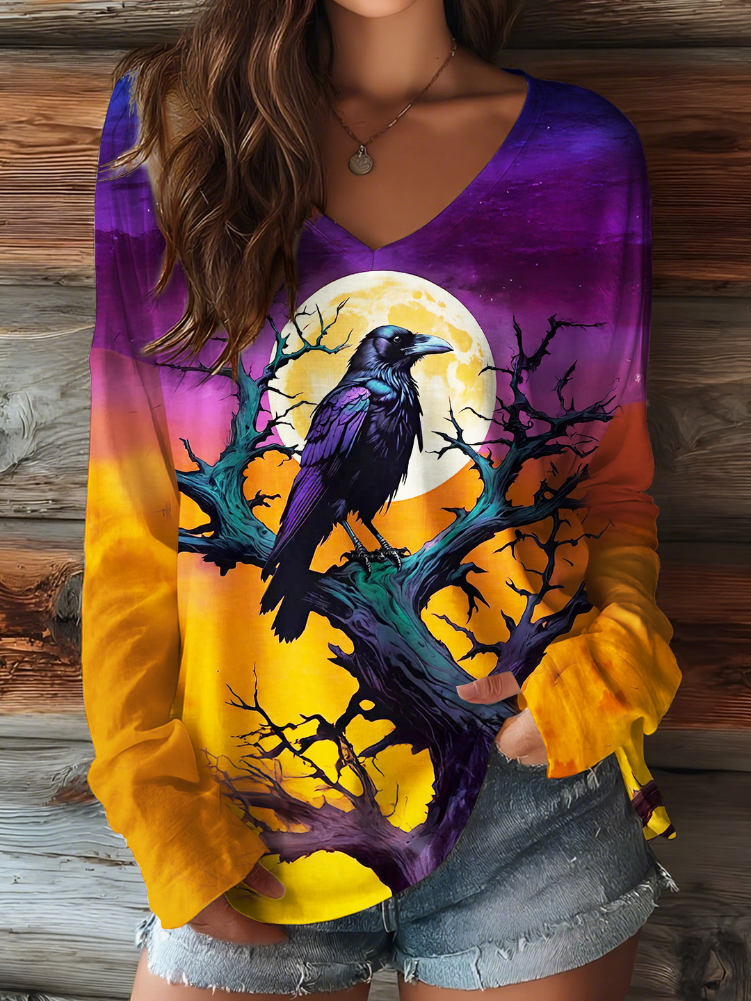 Scary Halloween Crow V-neck Long Sleeve Top
