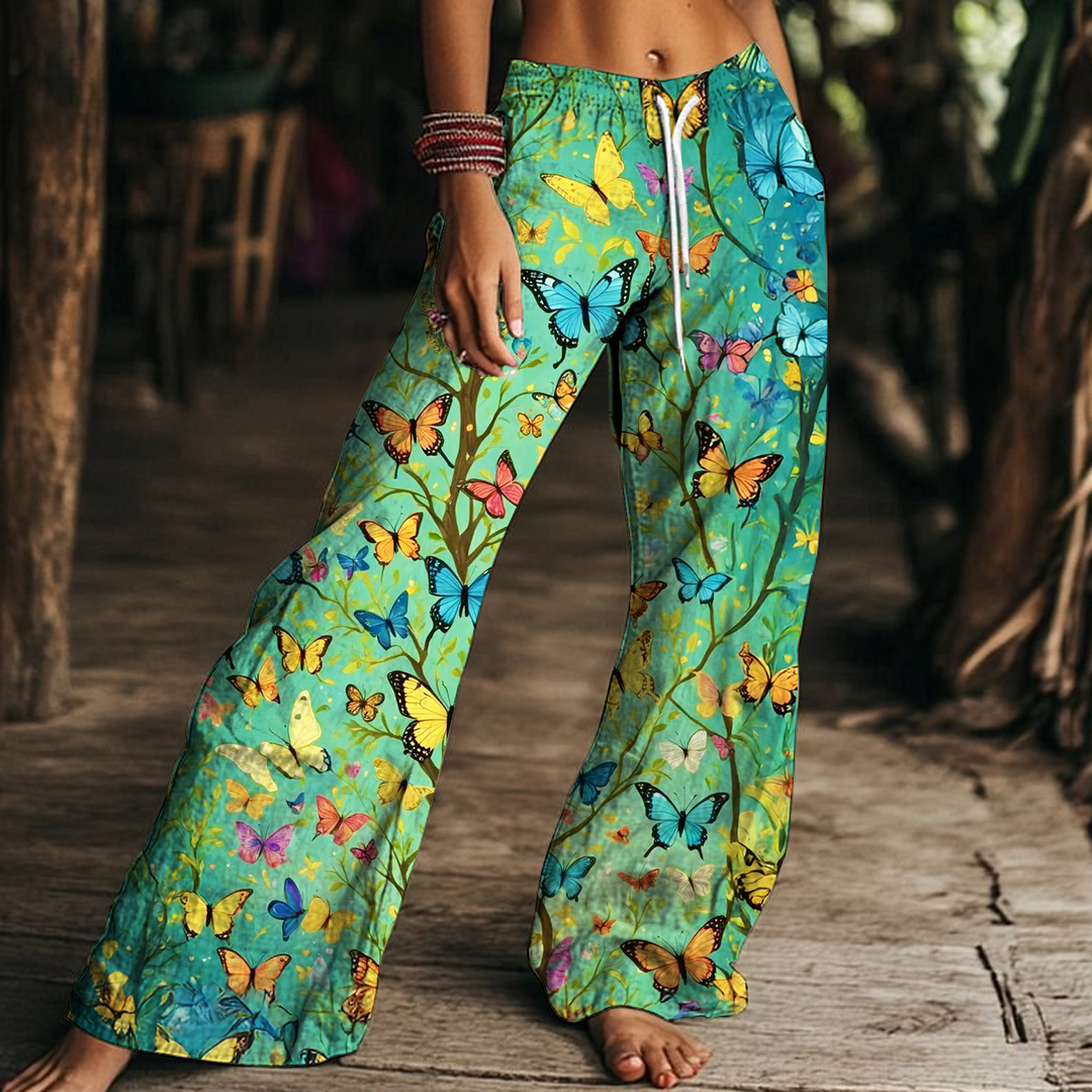 Whisper of Wisdom Hippie Butterfly Art Women's Drawstring Wide-Leg Pants