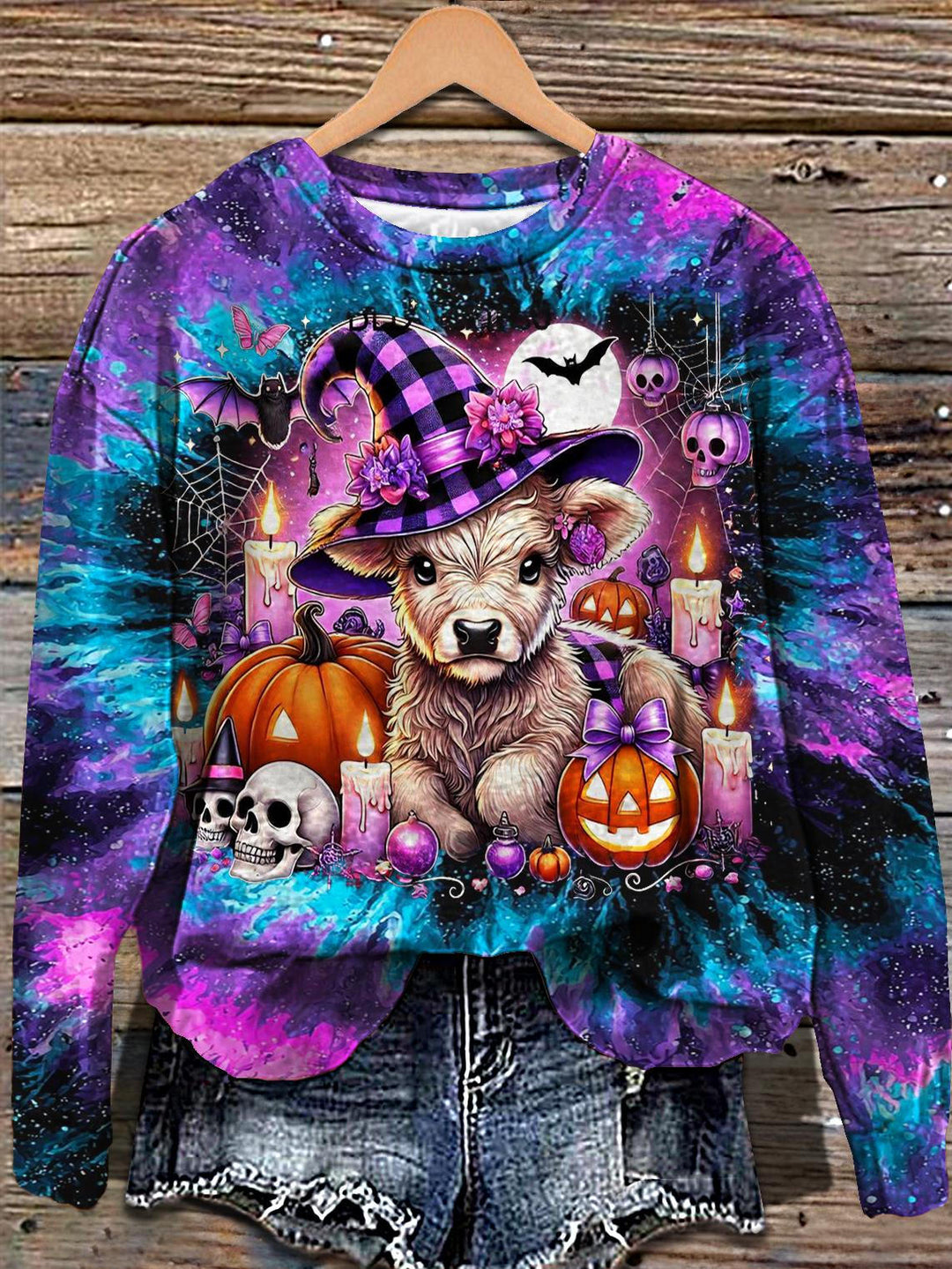 Halloween Highland Cow Print Long Sleeve Casual Top