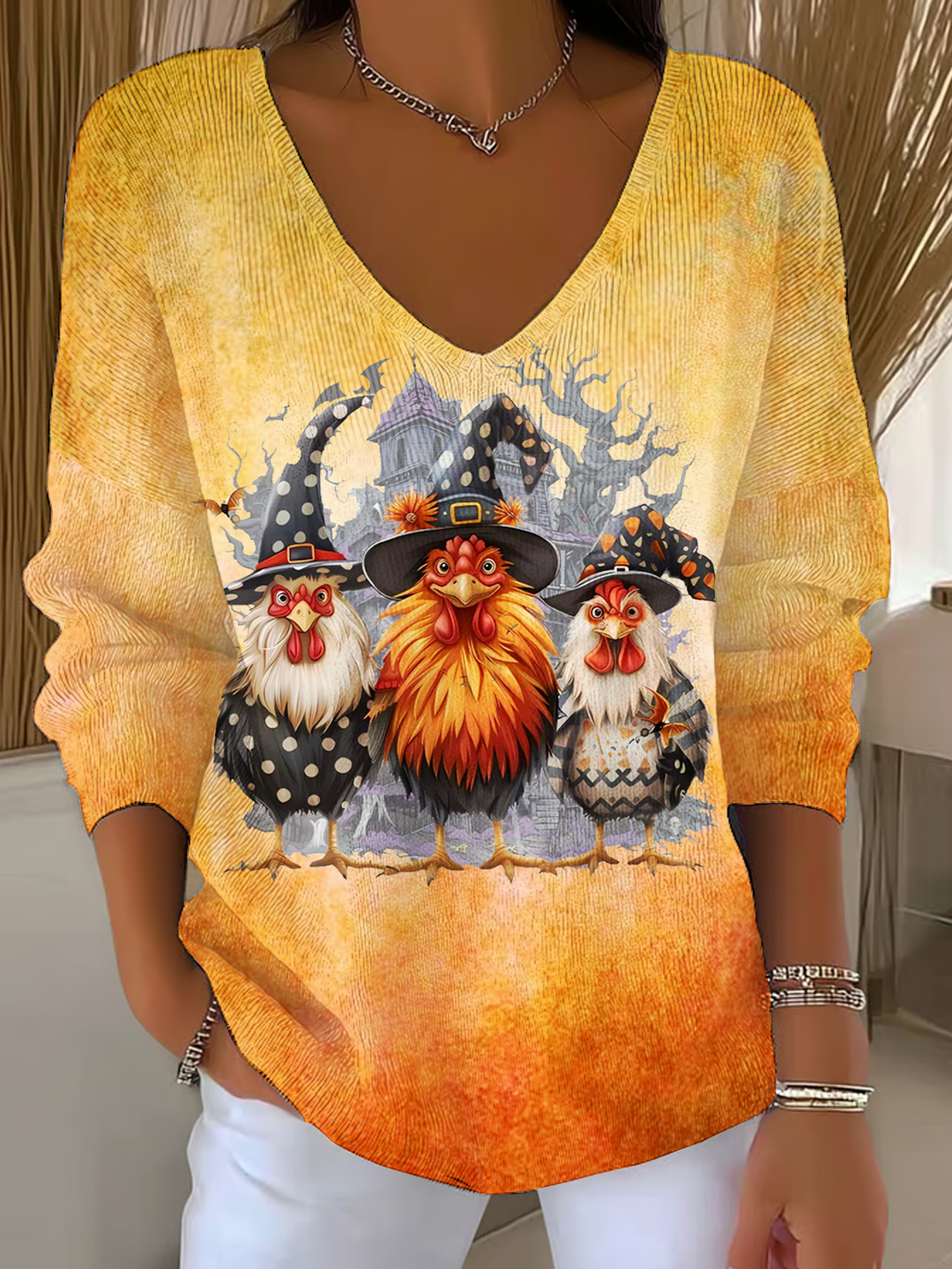 Spooky Witch Chickens Casual V Neck Pullover Sweater