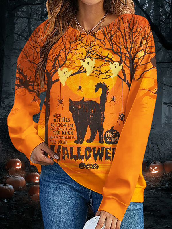 Halloween Ghost Black Cat Printed Long Sleeve Casual Top
