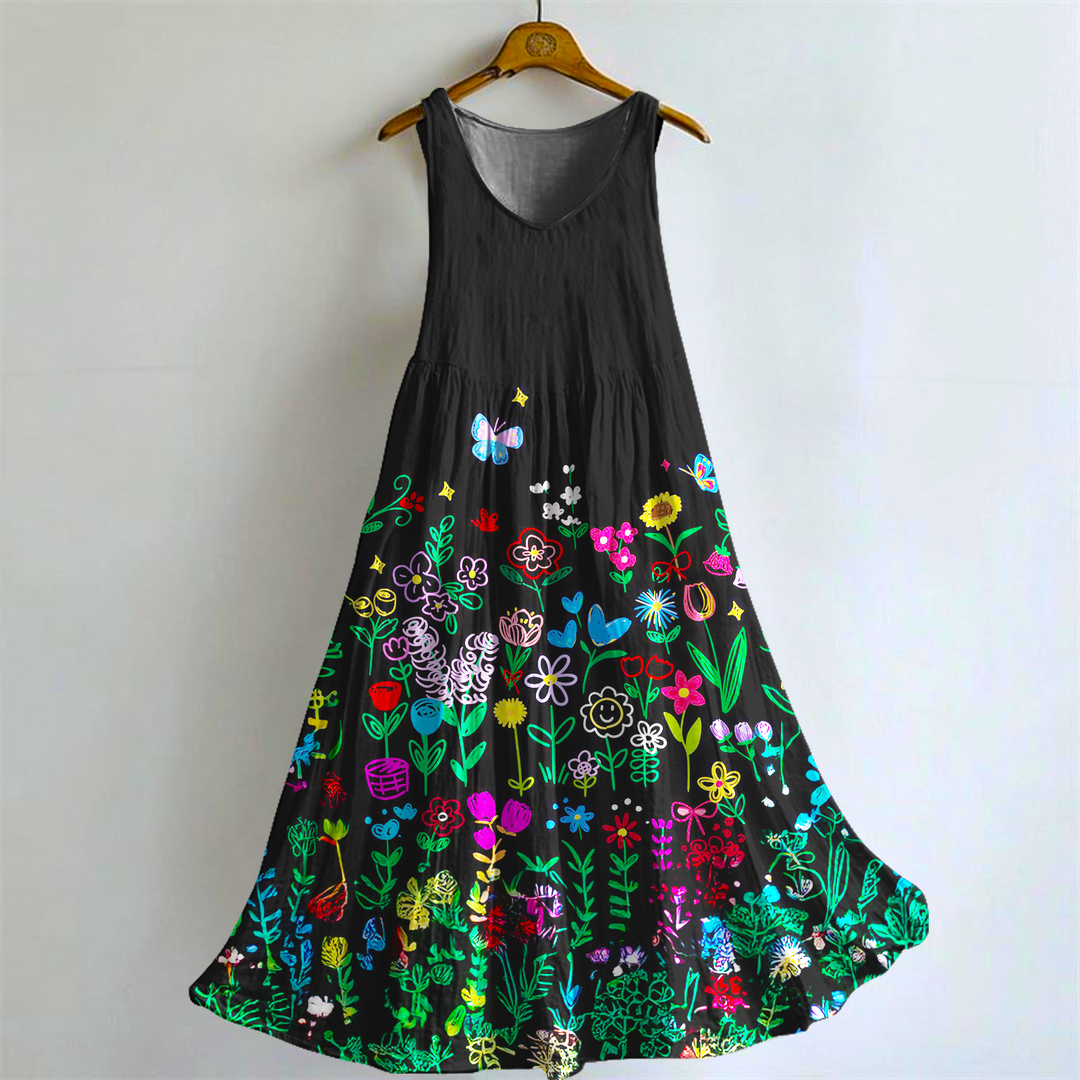 Colorful Bohemian Floral Art V-neck Bamboo Linen Sleeveless Dress