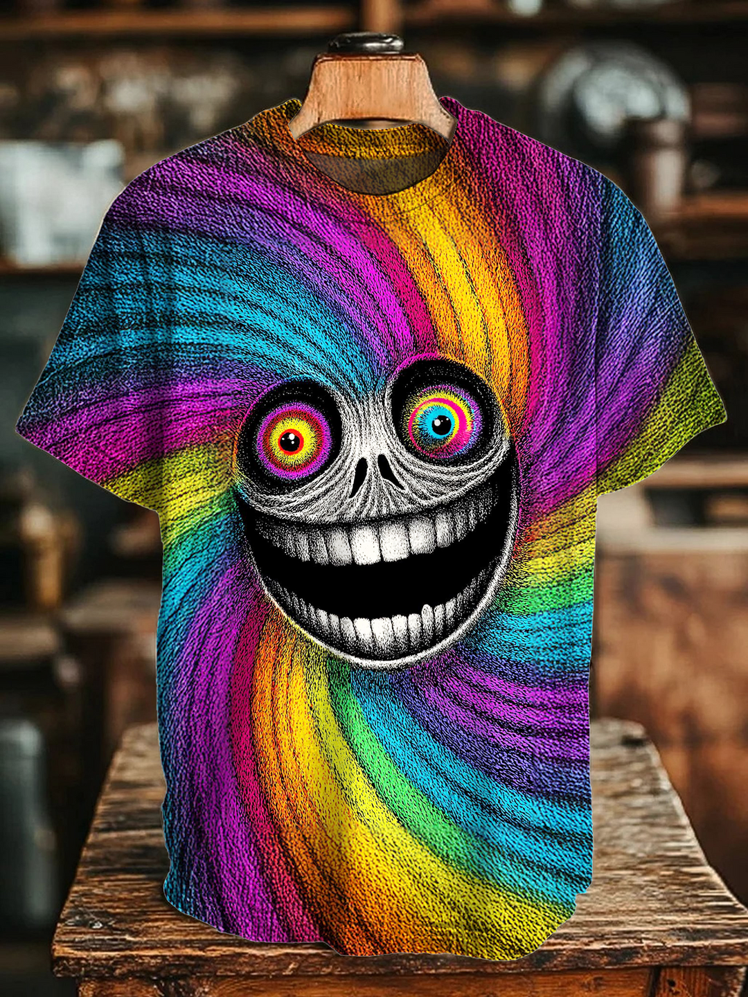 Tie-dye Hippie Funny Face Crew Neck T-shirt