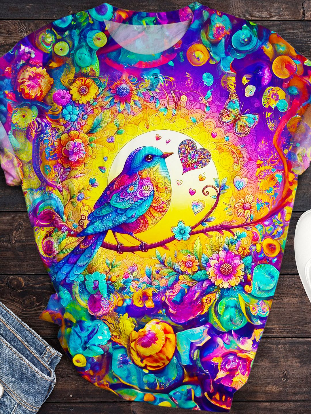 Whispering Hippie Peace Bird Crew Neck T-shirt