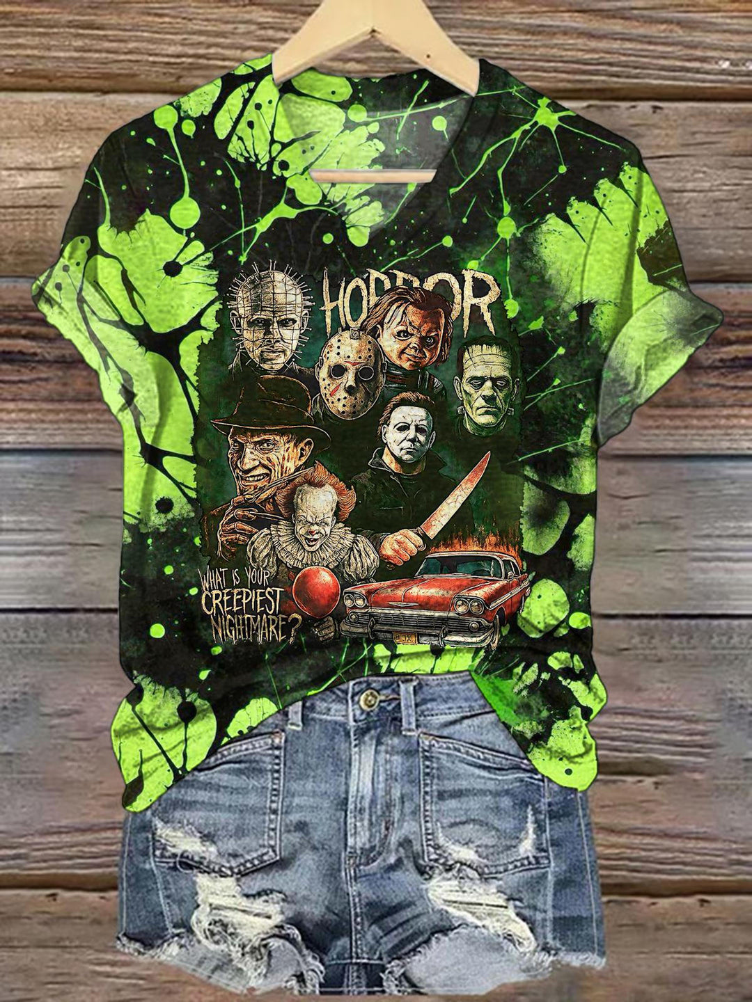 Halloween Horror Movie Print V-neck T-Shirt