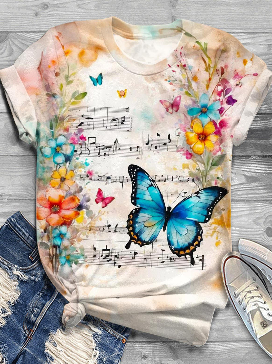 Retro Butterfly Print Crew Neck T-shirt