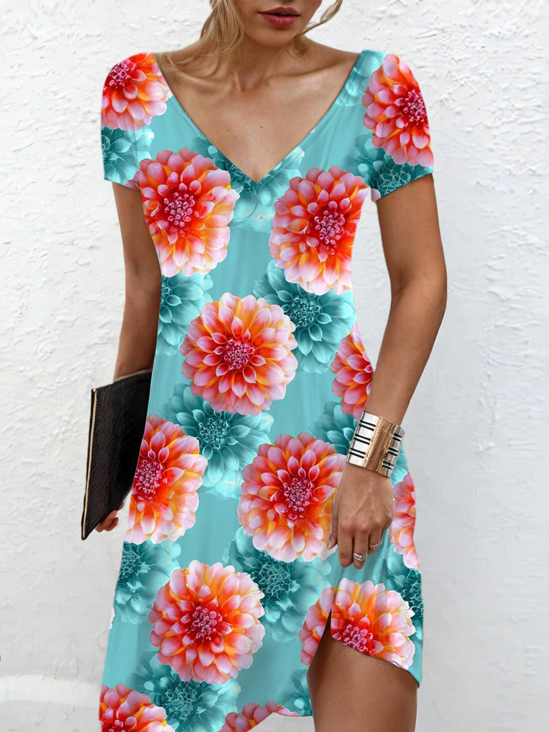 Flowers V Neck Short Sleeve Dress