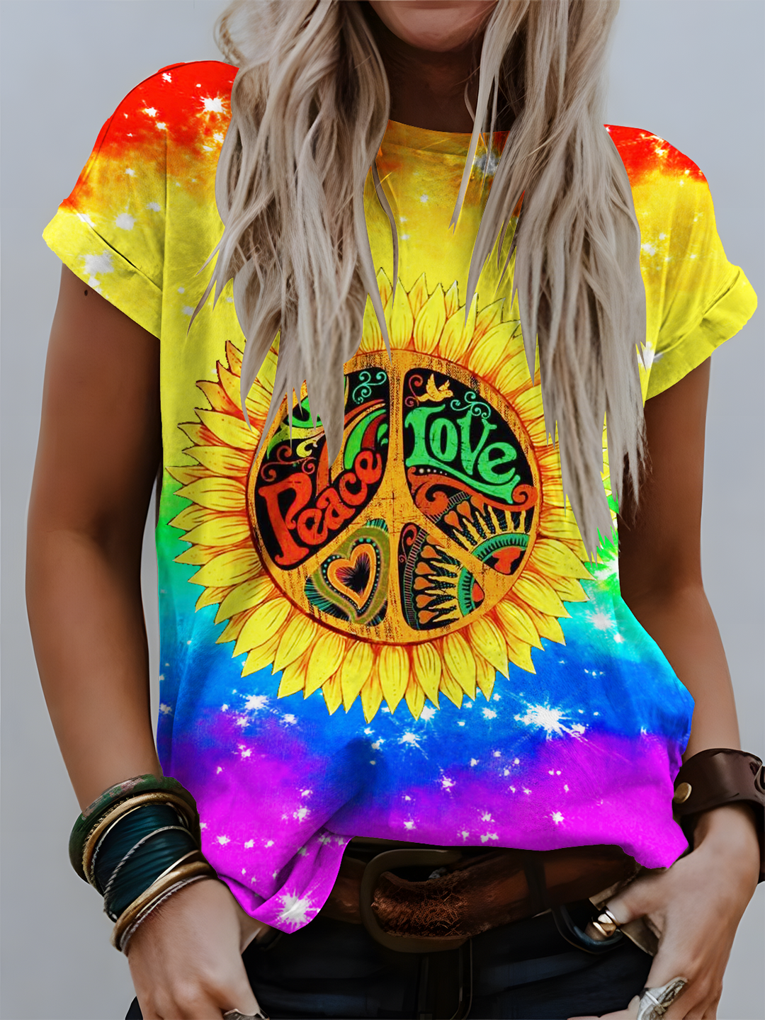 Rainbow Sunflower Hippie Love Peace Art Crew Neck T-shirt