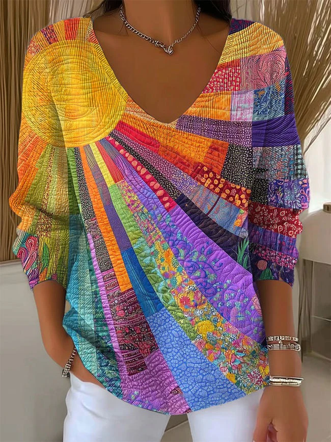 Retro Hippie Sun Art Casual V Neck Pullover Sweater