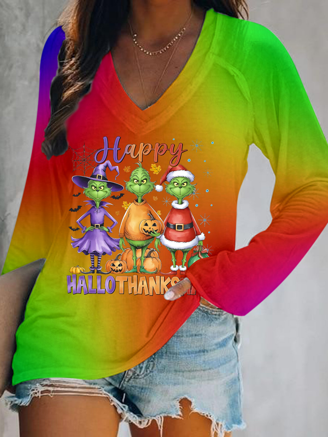 Happy Hallothanksmas Print V-Neck Long Sleeve Top
