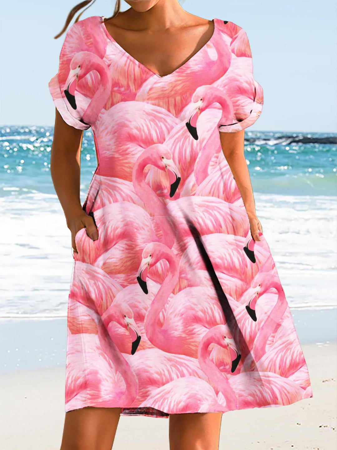 Pink Flamingo Print V-Neck Pocket Dress