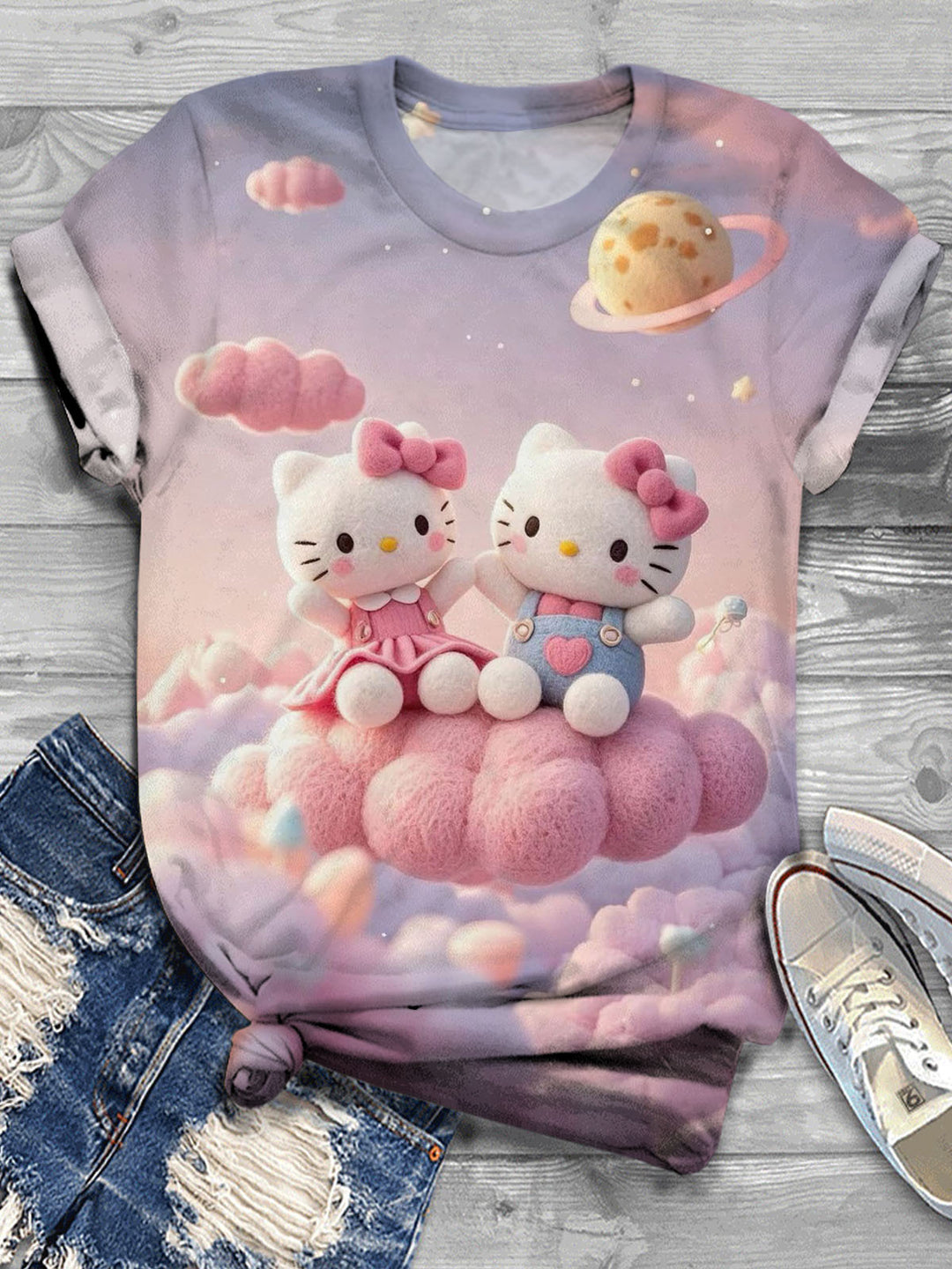 Women's Cute Cat Fairy Tale Marshmallow Print Casual T-shirt