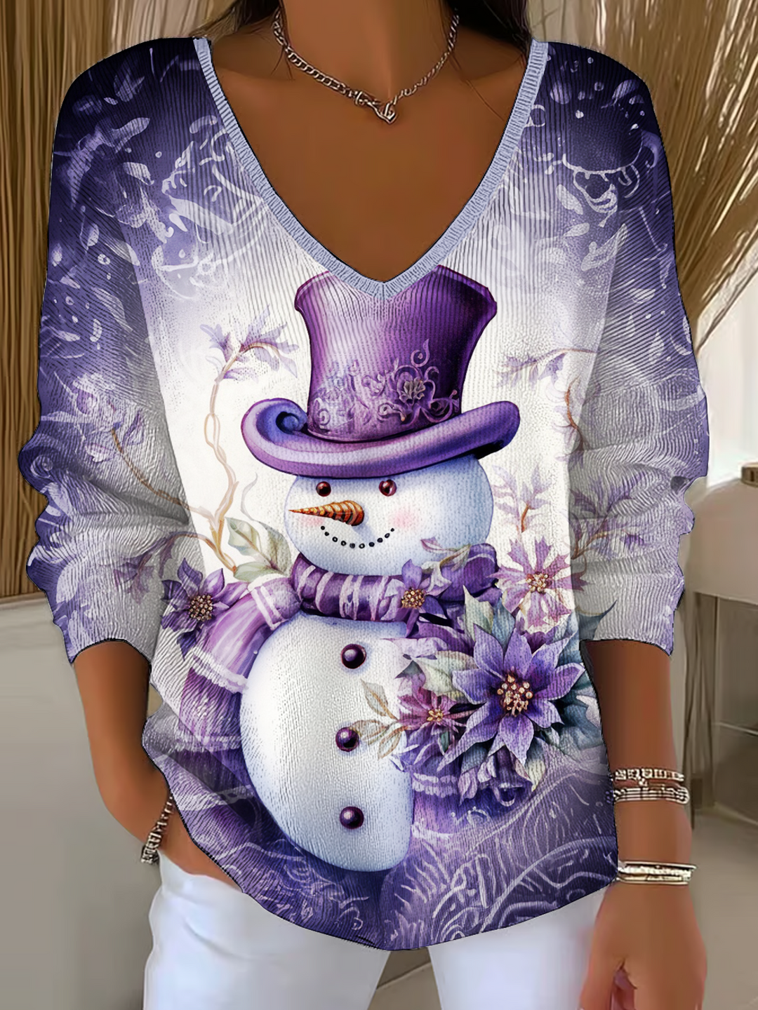 Purple Snowman Casual V Neck Pullover Sweater