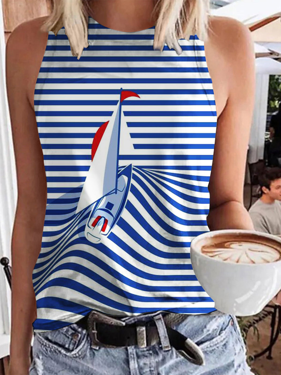 Summer Boat Print Casual Tank Top