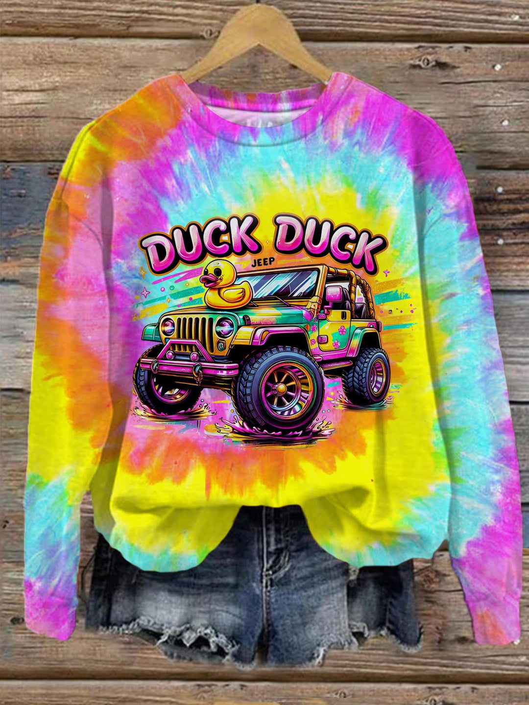 Duck Duck Colorful Jeep Print Crew Neck Long Sleeve Sweatshirt
