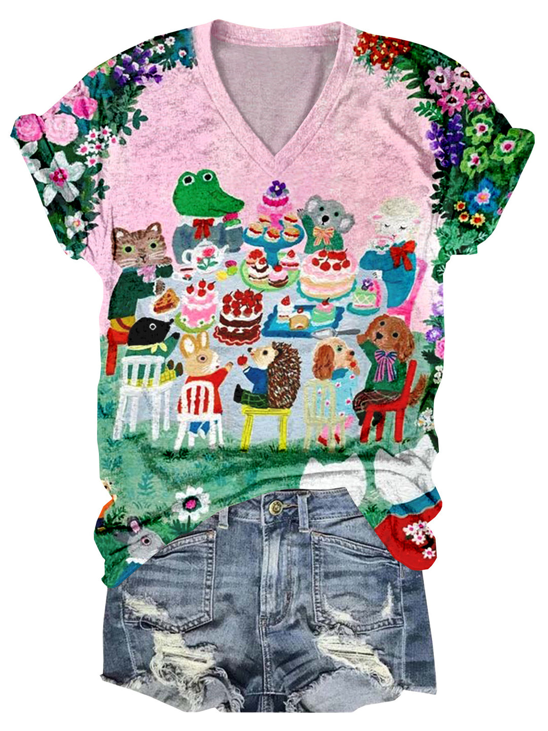Vintage Animal iIlustration Elements V-Neck Short Sleeve T-Shirt
