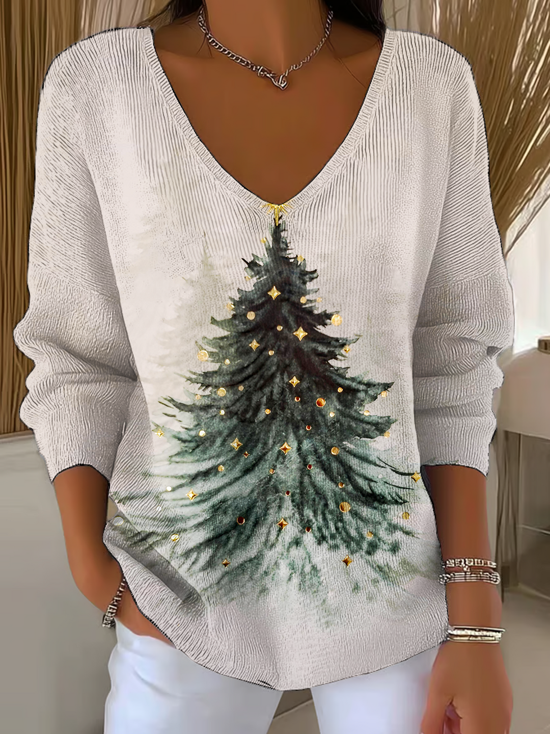 Christmas Tree Casual V Neck Pullover Sweater