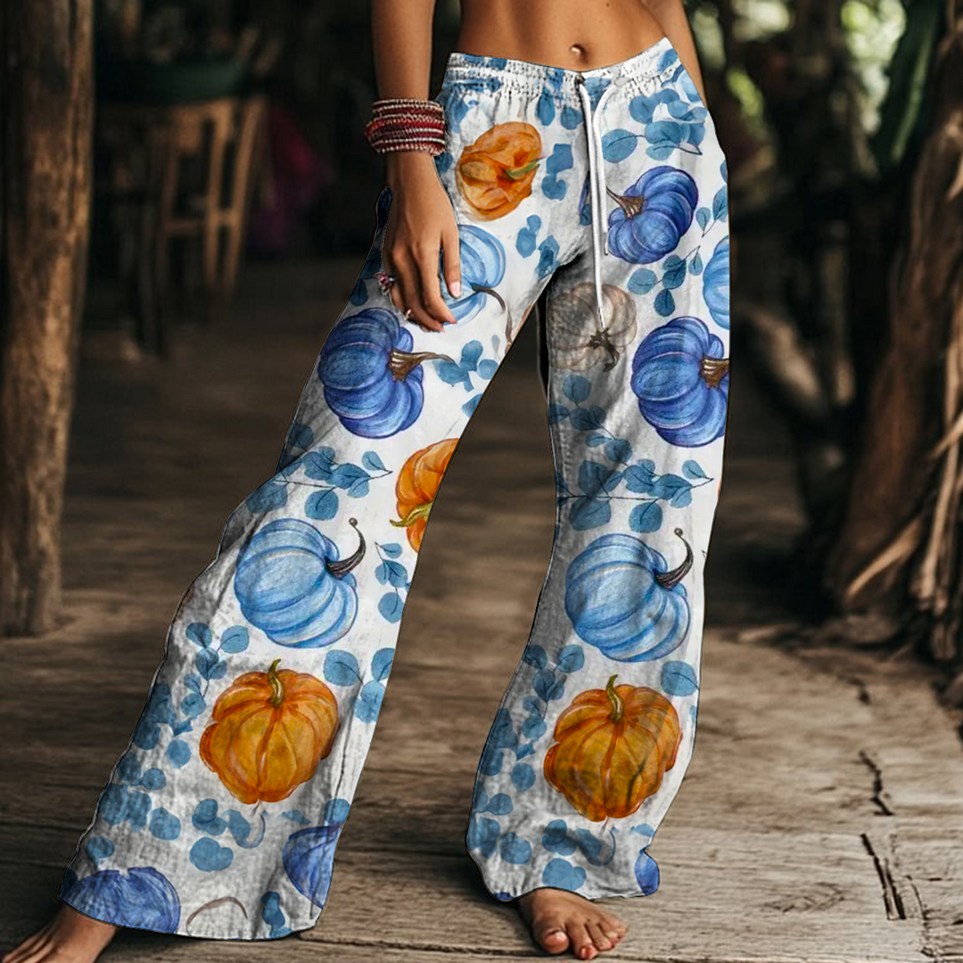 Blue Floral Pumpkin Women's Drawstring Wide-Leg Pants